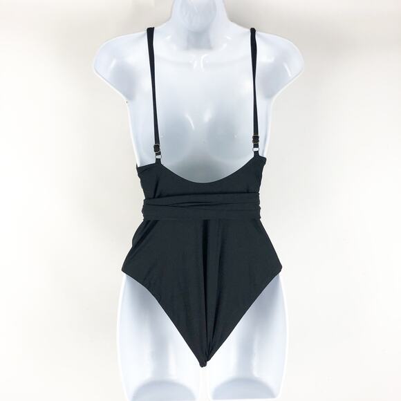 Becca Swim Womens One Piece Swimsuit Small Black Tie Waist Plunge Vneck NWT - Picture 5 of 8